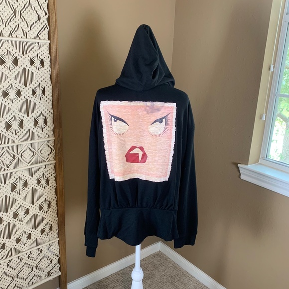 Badgley Mischka Black French Terry Zip Hoodie Size 2X NWT Graphic Face Art‎ Back